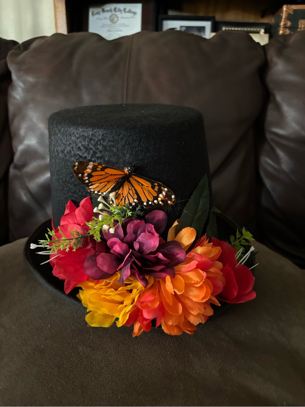 Black Floral Top Hat with Orange Butterfly Accent - Tall Hat dia De Los